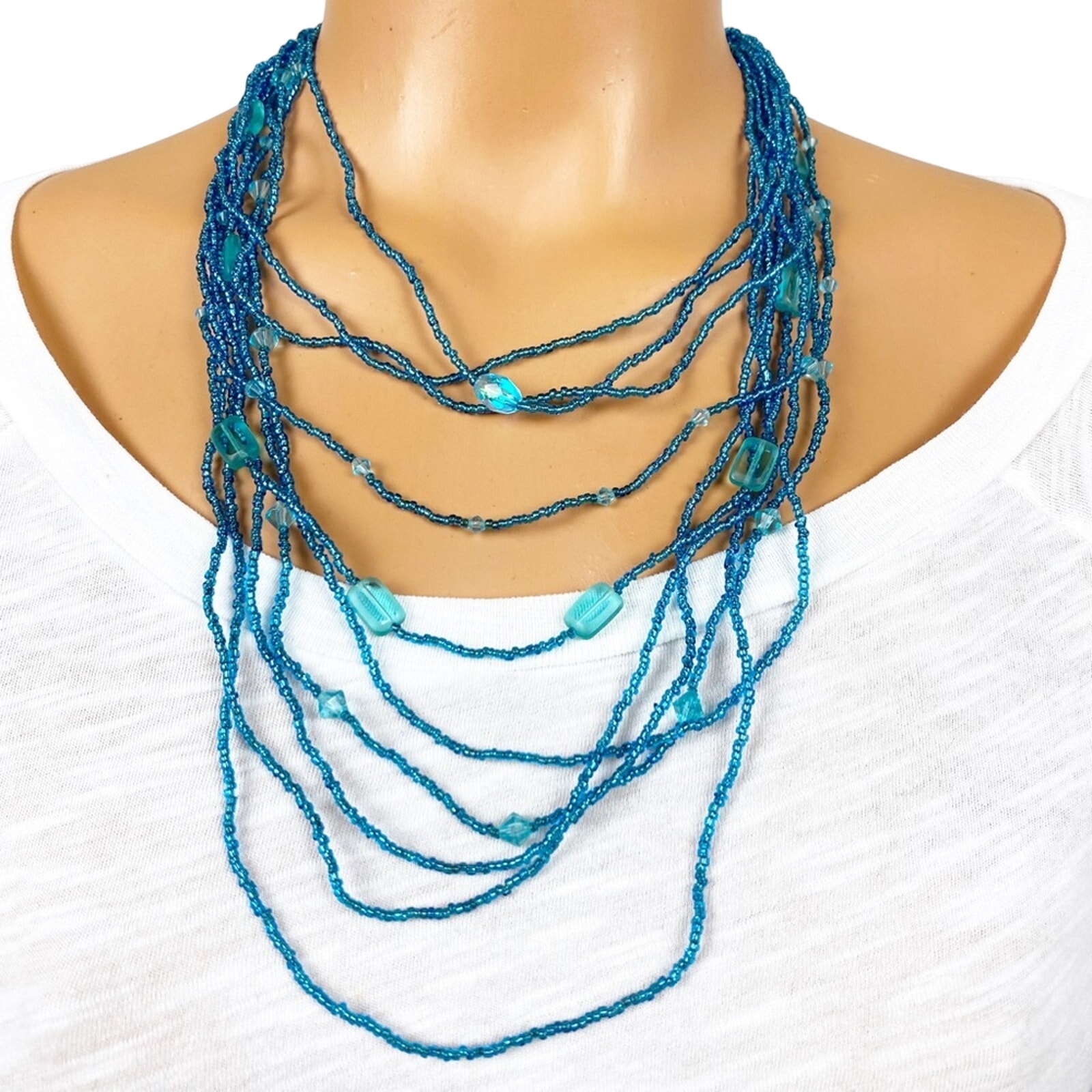 16" Blue Multi-Strand Beaded Necklace Seed Beads Costume Jewelry